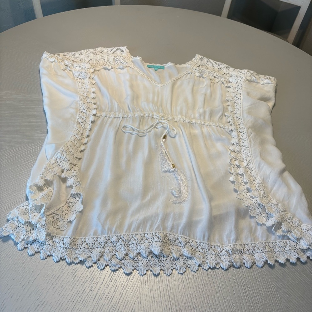 Melissa Odabash Floral Crochet Lace Inset Short Kaftan White Size OS Coverup - Picture 12 of 14
